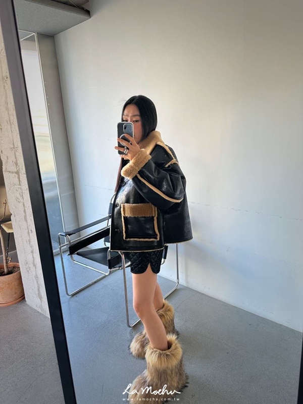 立體外縫線皮革羔毛外套